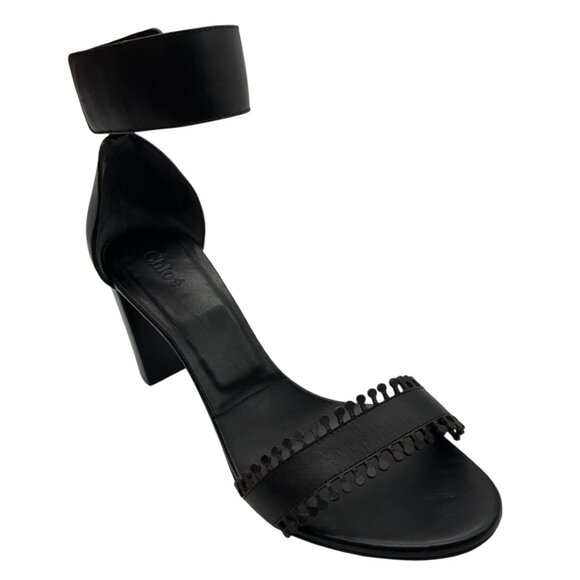 Chloe Black Scalloped Leather Ankle Strap Sandals - Picture 1 of 7